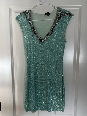 Sky Mint Sequin Mini Dress with Jeweled V-Neck